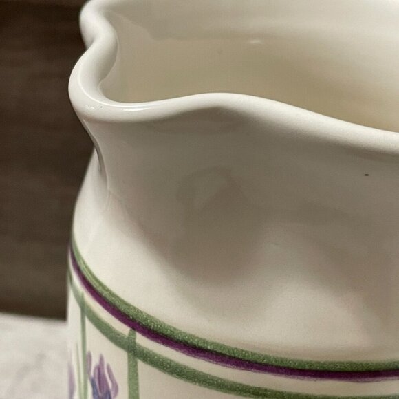 Studio Art Pottery Pitcher Hand Painted Purple Iris Flowers Handmade Signed 8" - Picture 6 of 11